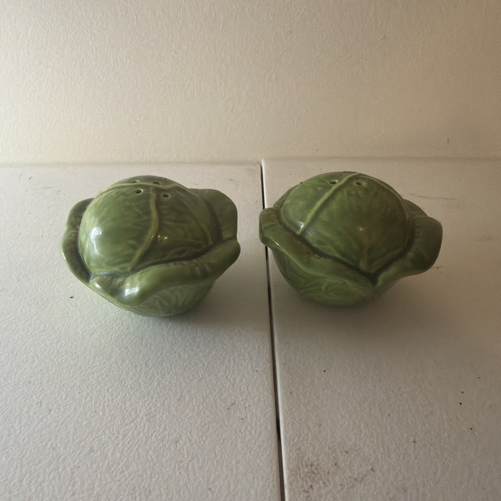 Vintage Green Cabbage Ceramic Salt and Pepper Shakers Set